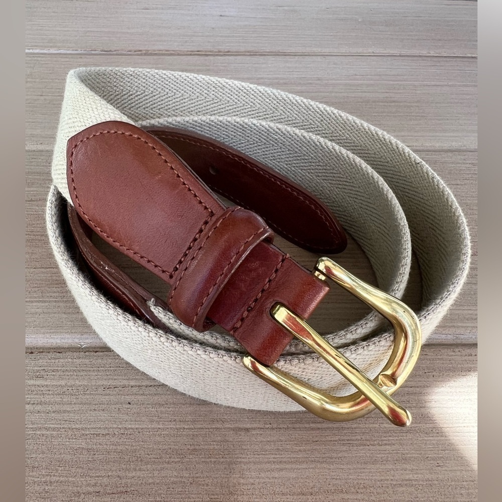Vintage Coach Wool Linen Leather Tan Belt Brass Buckle Canvas Sz 36